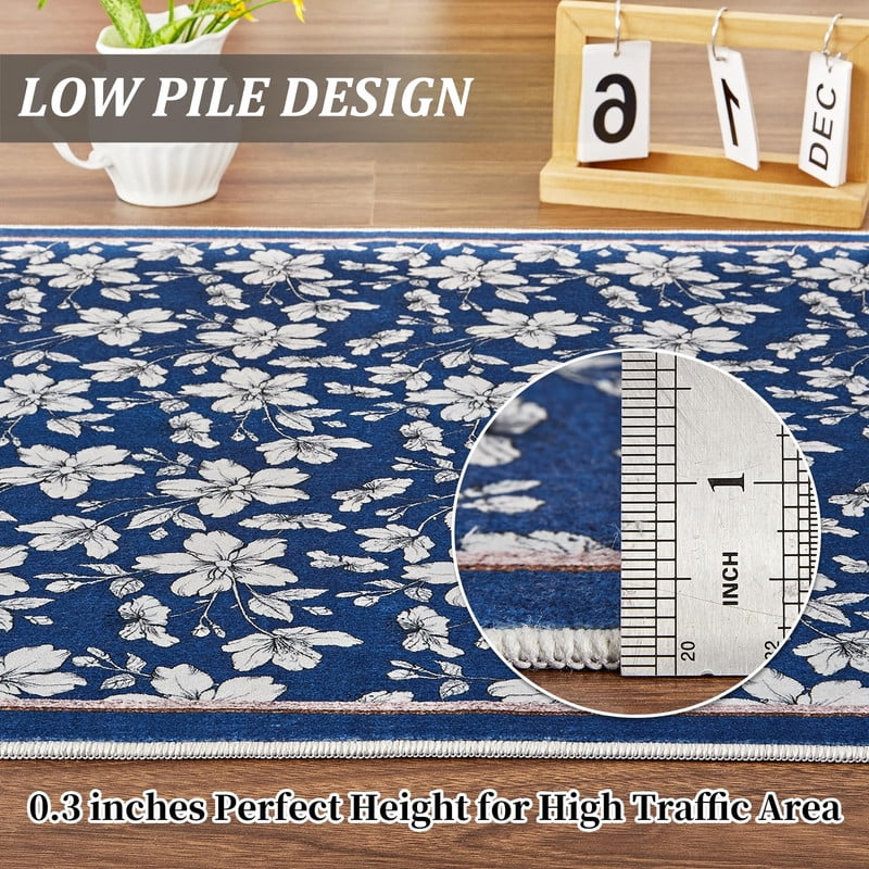 8'x10' Area Rugs Boho Floral Bedroom Washable Low Pile Non Slip Indoor Carpet for Nursery Playroom Living Room Blue