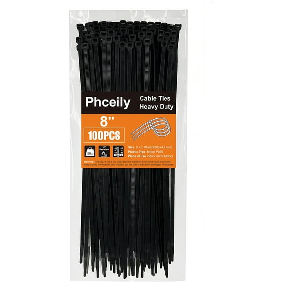Phceily 8'' Black Zip Ties 50 LBS Tensile Strength Heavy Duty Nylon Cable Ties For Indoor and Outdoor Use(100Pack)
