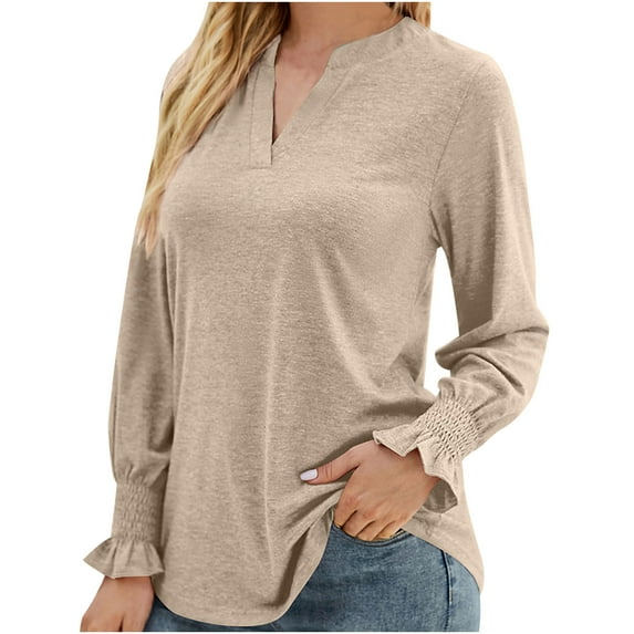 YYDGH Women's V Neck Long Sleeve Ruffle Blouse Casual Loose Fit Fall Tops Solid Color T Shirt Beige L