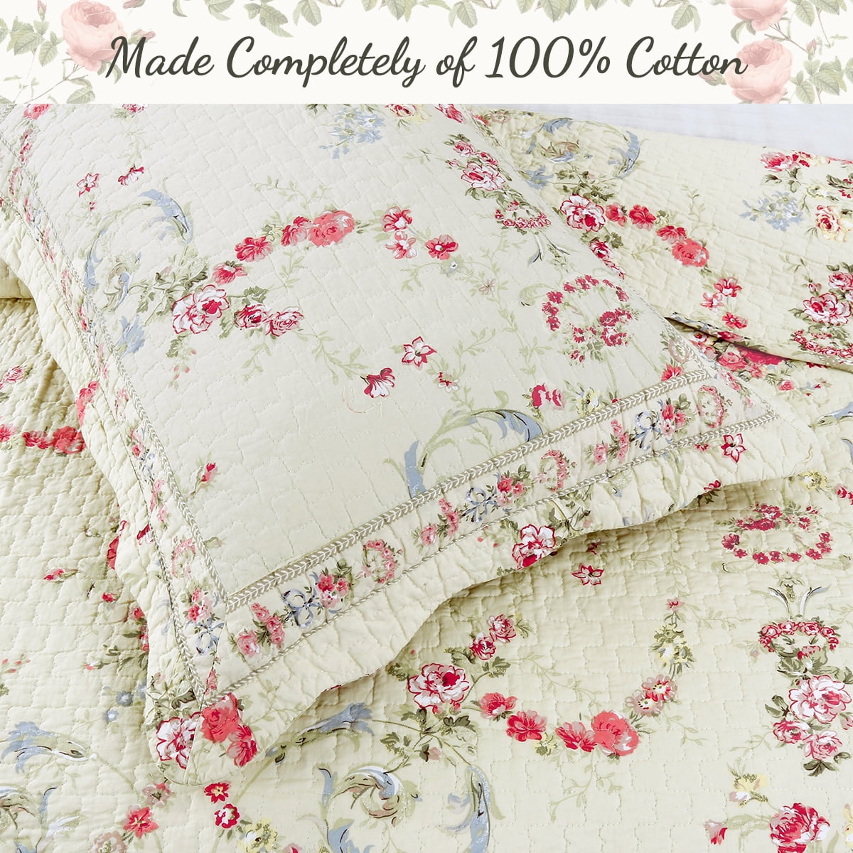 Cozy Line Prairie Bloom Reversible 100% Cotton Quilt Bedding Set, 3 piece King Set