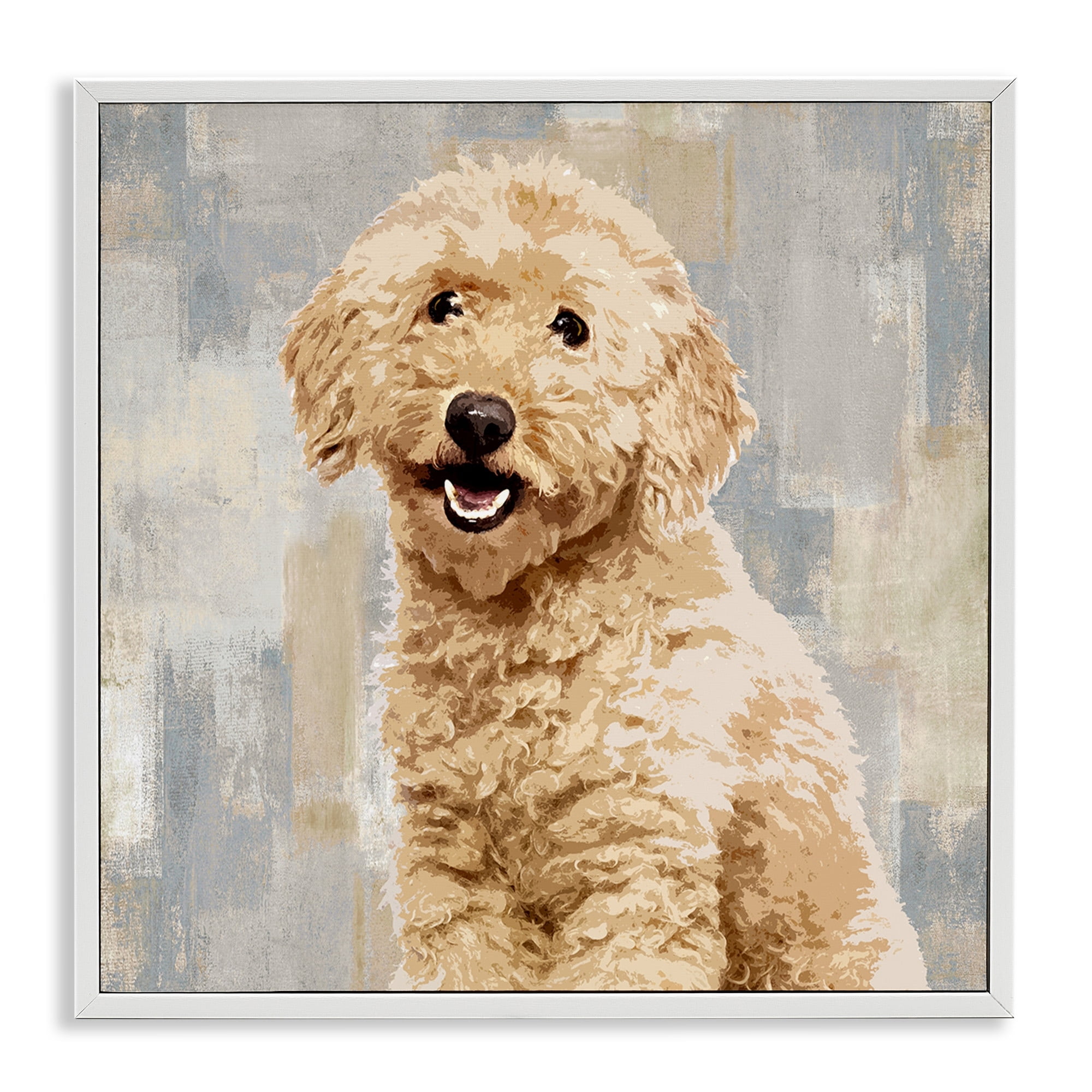 Smiling Labradoodle Dog Patchwork Grey Beige Pattern Animals & Insects Framed Art Print Wall Art, 17x17
