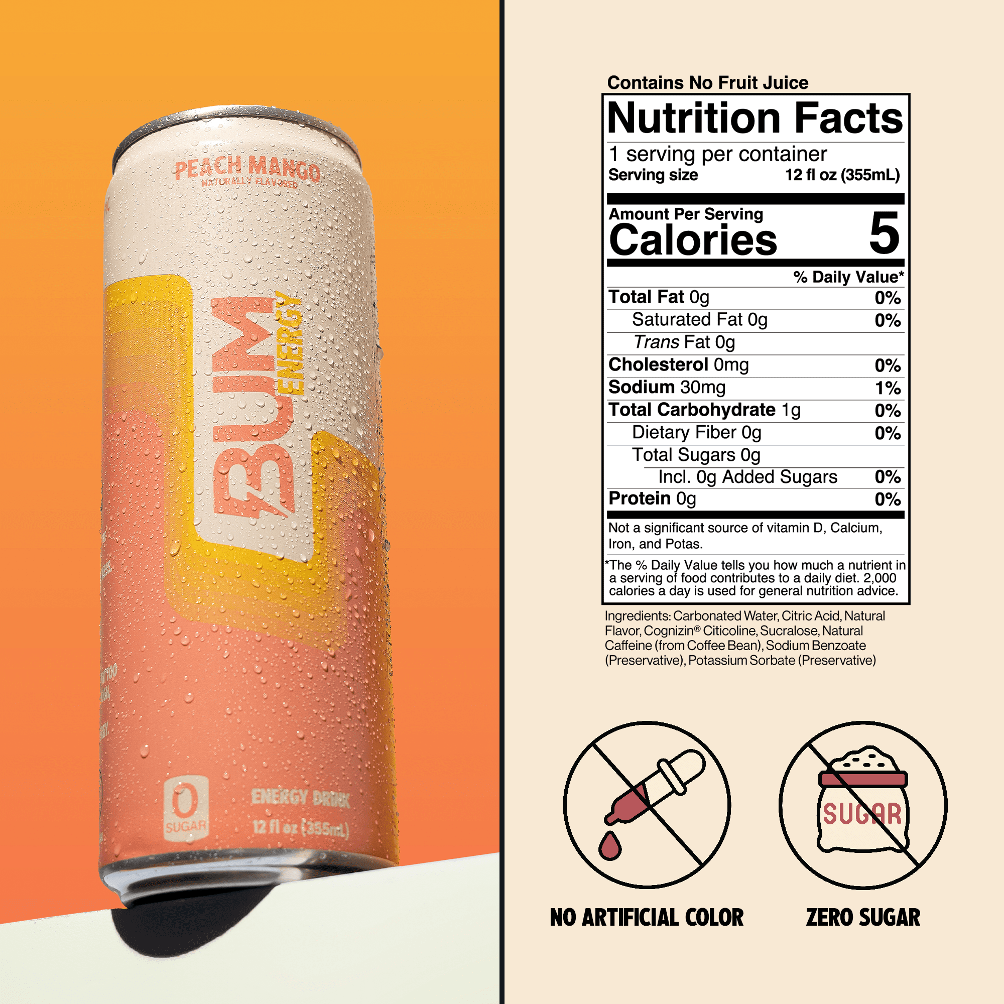 Bum Energy Peach Mango Energy Drink, 112 mg Natural Caffeine, 12 fl oz, 12 Pack
