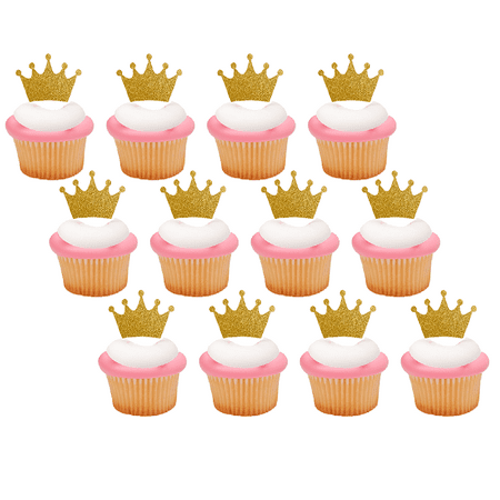 12pack Gold Glitter Princess Crown Tiara Cupcake Decoraiton Picks