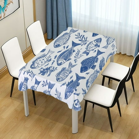 

60x60 Inch Tablecloth Polyester Square Tablecloth for Home Kitchen Dinner Decor Hand-drawn Fish