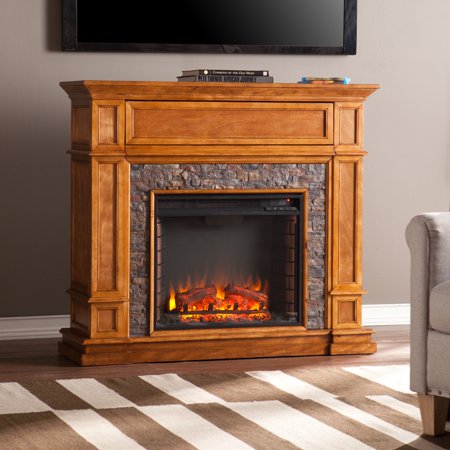 

SEI Furniture Belleni Freestanding Mission Simulated Stone Media Center Electric Fireplace Sienna W/ Faux Black River Stone