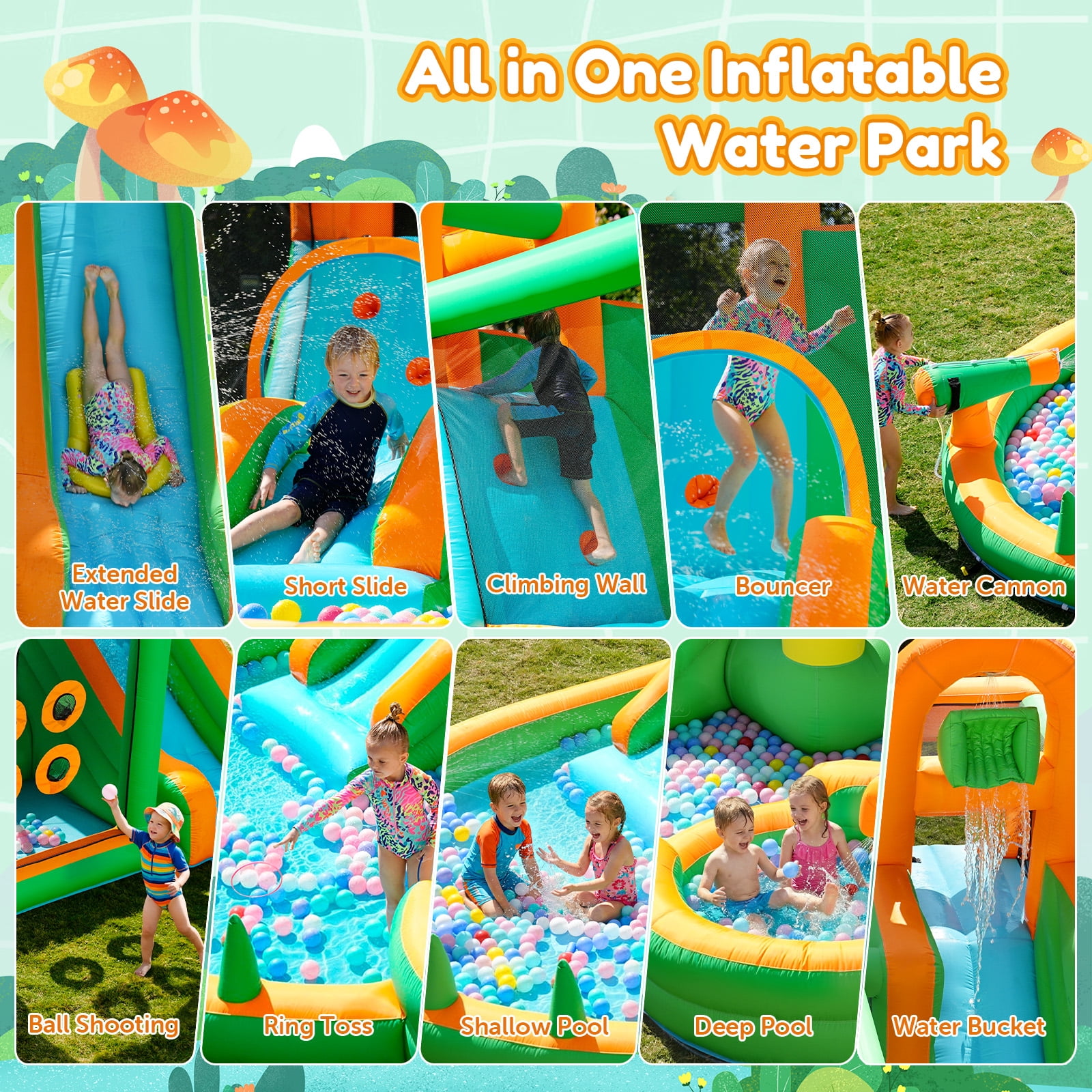 Giant 10 in 1 Inflatable Water Slide with Extended Water Slide, 342"x103"x193" Bounce House with 650 Blower, Ball Shooting, Ring Toss, Deep Pool, Water Bucket, for Kids 3-10