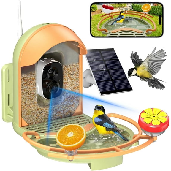 Smart Bird Feeder with Camera, Solar Powered Wireless Birds 2K HD Camera with APP Control, Night Vision, Motion Detection Alerts, IP66 Outdoor Birdfeeder for Backyard Garden Bird Watching, Green