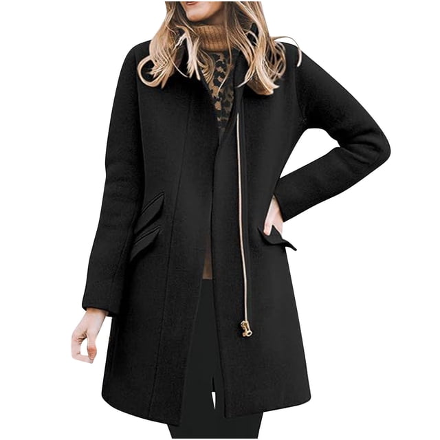 WRKEKC Wool Blend Trench Coat Double Breasted Notch Lapel Maxi Length Solid Color Coat with Secure Pockets for Office Commute and Weekend Outings Black S
