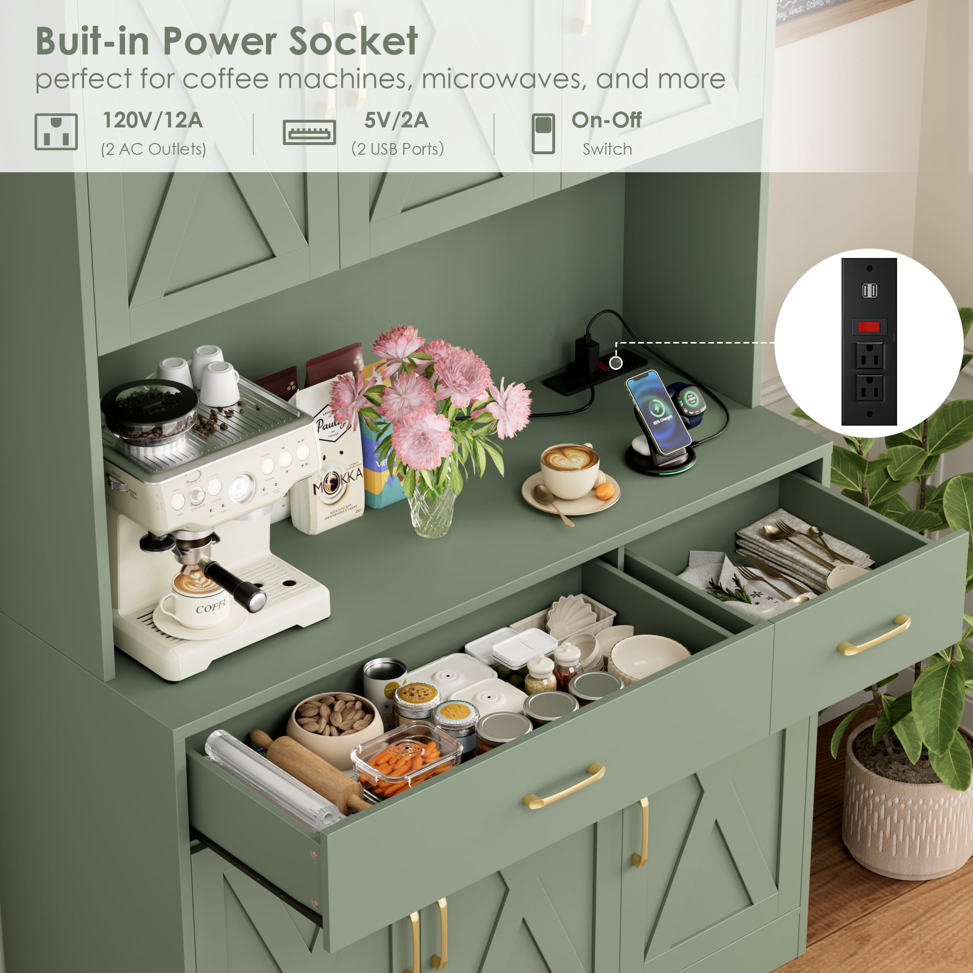 Homfa 71" Kitchen Pantry with Charging Station, Freestanding Cupboard with Adjustable Shelves, Floor Cabinet for Dining Room, Green