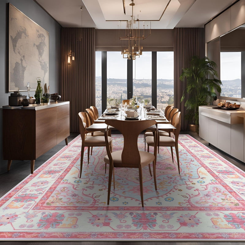 FULIE Bohemian Area Rug 4'x6'Rug Machine Washable for Living Room/Dining Room/Bedroom,Pink