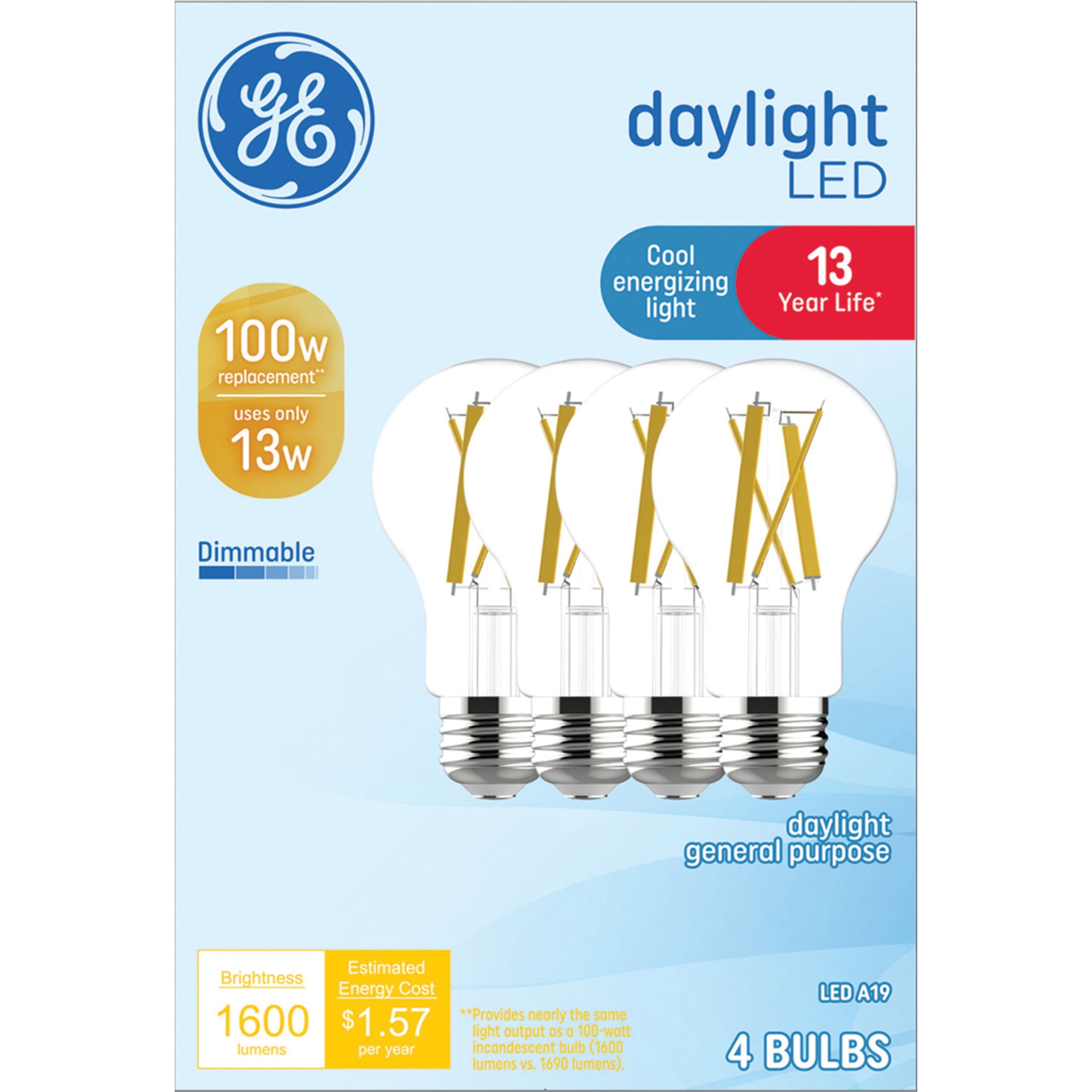 (4 pack) GE LED Light Bulbs, 100 Watt, Daylight, A19 Bulbs, Medium Base, Clear Finish, 13yr, 4pk
