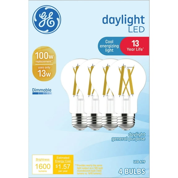 GE LED Light Bulbs, 100 Watt, Daylight, A19 Bulbs, Medium Base, Clear Finish, 13yr, 4pk