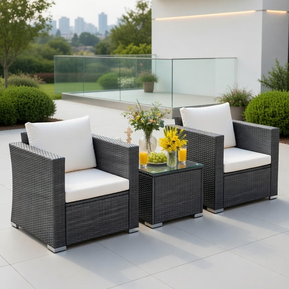 Resenkos 3 Pieces Patio Wicker Conversation Set with Coffee Table and Cushions-White