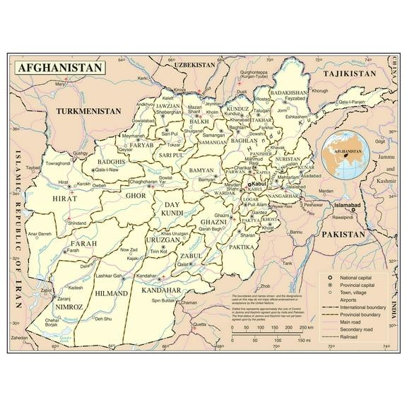 Palmetto Posters 24x31 Laminated Poster: Large detailed political and administrative map of afghanistan with roads cities and airports