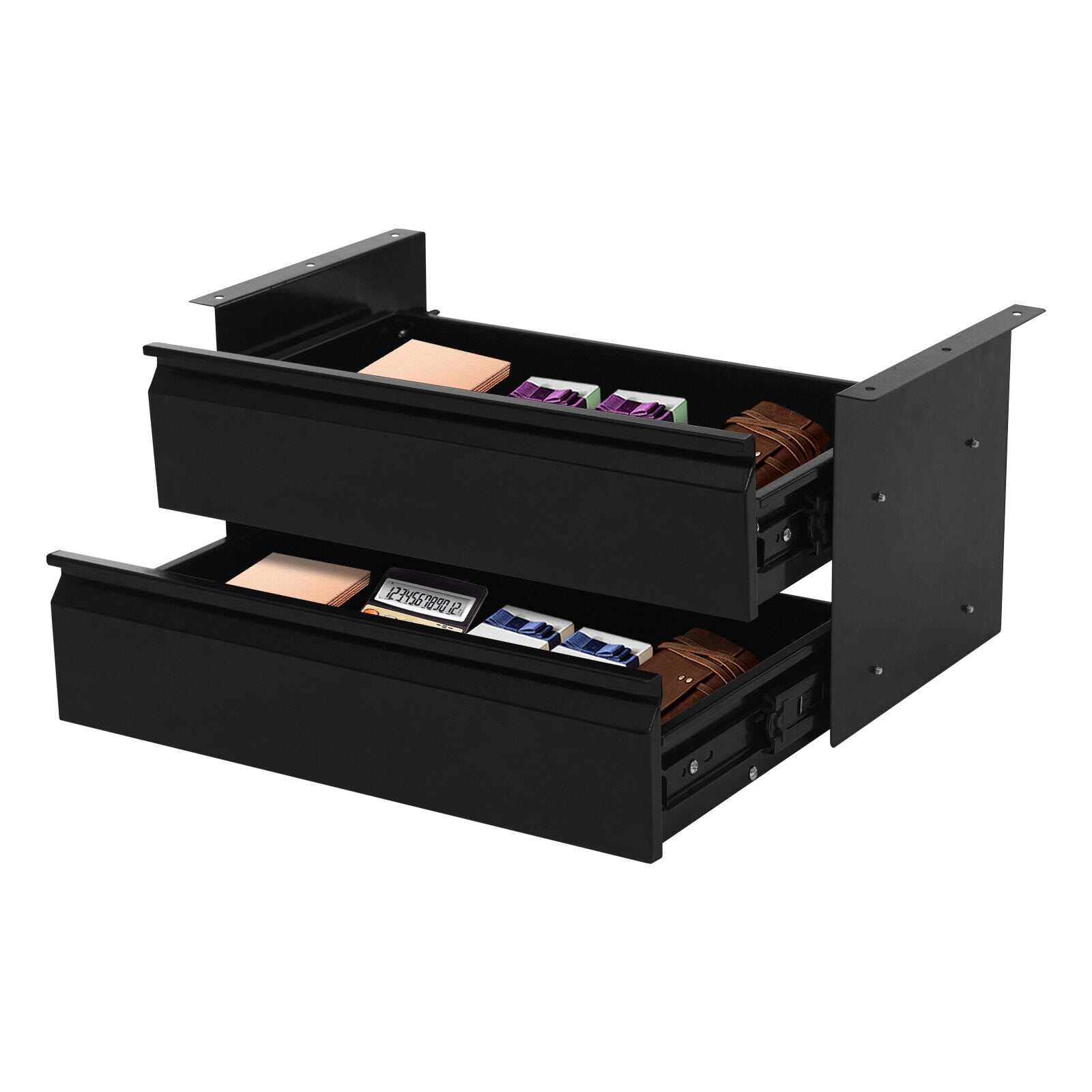 2-Tier Under Desk Sliding Drawer Organizer, Black Steel Pull-Out Storage Tray for Office Study, 6.6LB Capacity