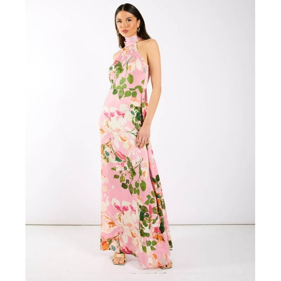 Pink Watercolour Floral Halter Neck Maxi Dress