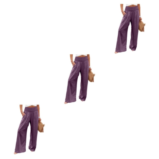 Qarigey Señoras Verano Primavera Pantalones Bolsillos Largo Suelto Casual Pierna ancha Cintura alta Moda elástica para ropa de calle Púrpura Type1 NO1