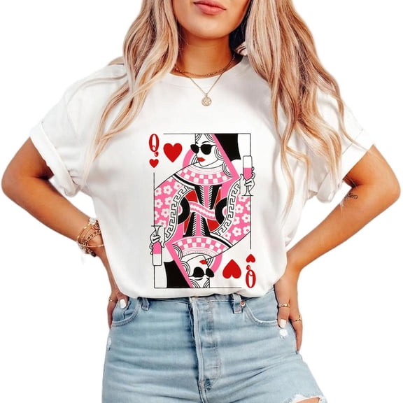 Queen of Hearts Coffee Lover Print T-Shirts Floral Checker Graphic Tees Short Sleeve Casual Tops Mothers Day Gift Fashion Shirts White,S