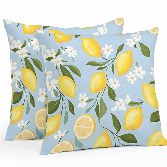 Yellow Lemon White Flowers Outdoor Pillow Covers Pack of 2 Retro Blue Backdrop Waterproof Throw Pillow Covers Decorative Cushion Cases for Patio Garden Tent Balcony Couch 16x16 inch