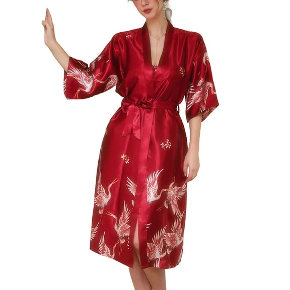 SWSMCLT Women's Bridal Bath Robe Bridesmaid Bathrobe Chic Autumn Loungewear Deep V Neck Comfy Calf Length Burgundy Medium