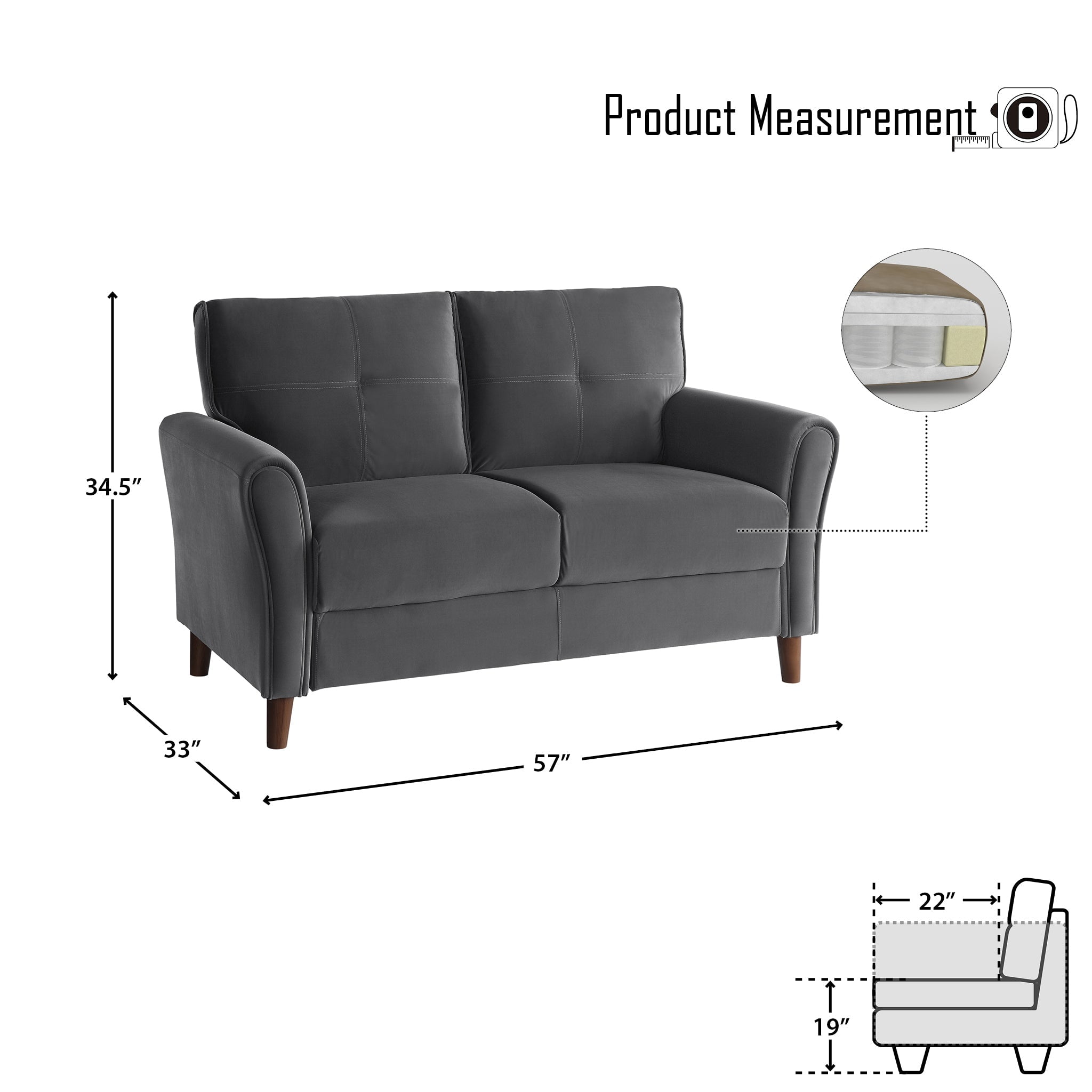 OakvillePark Copley Velvet Fabric Upholstered Living Room Loveseat, Gray