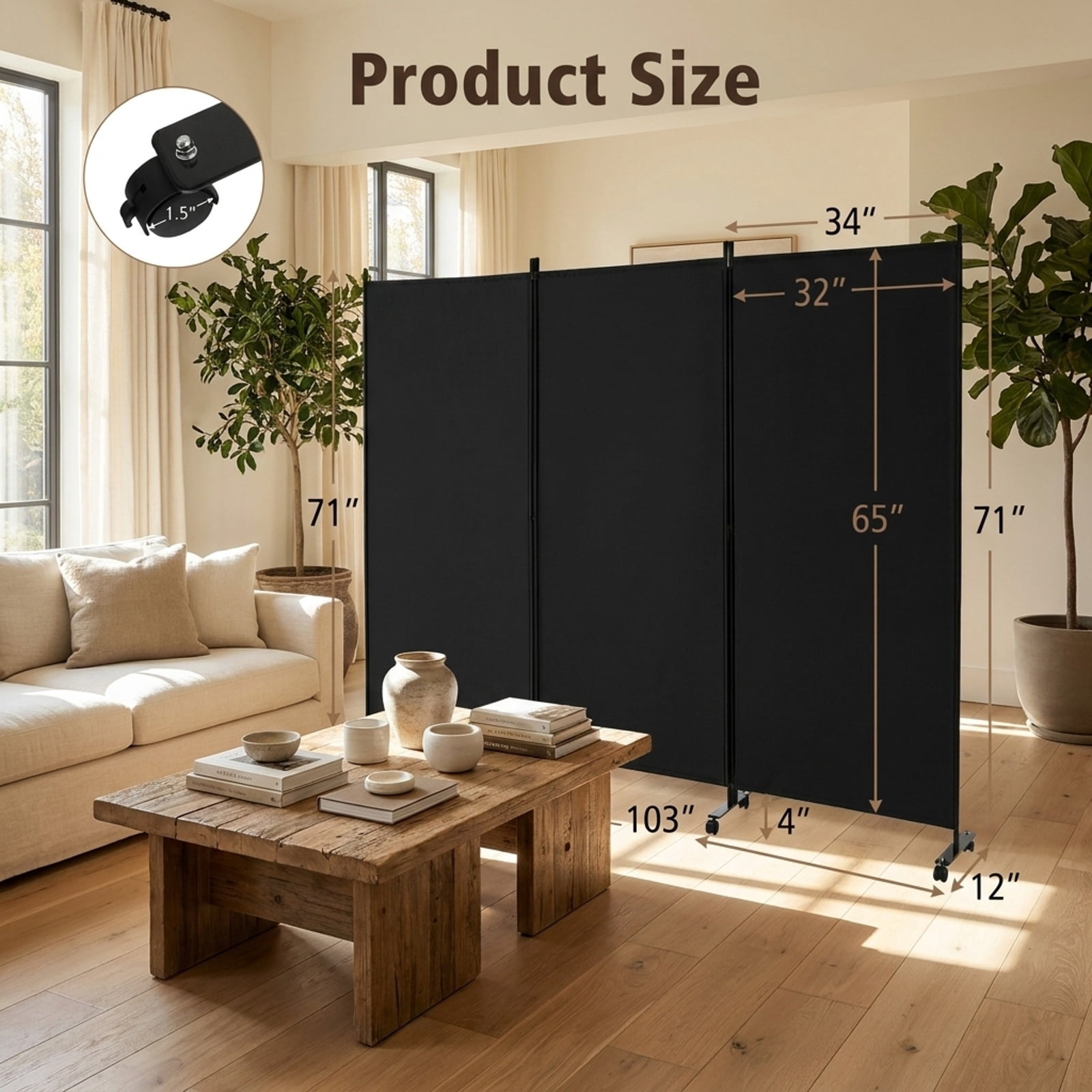 Vebreda 3 Panel Folding Room Divider with Lockable Wheels, Durable Material and Sturdy Frame, Perfect for Multi-scene Use, folding privacy screen
