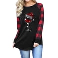 thumbnail image 2 of Sudadera de cuello redondo con mangas a cuadros, estampado de gorro navideño y copa de vino, color negro con puños a cuadros rojos, talla M Camisa festiva de manga larga para mujer, 2 of 6