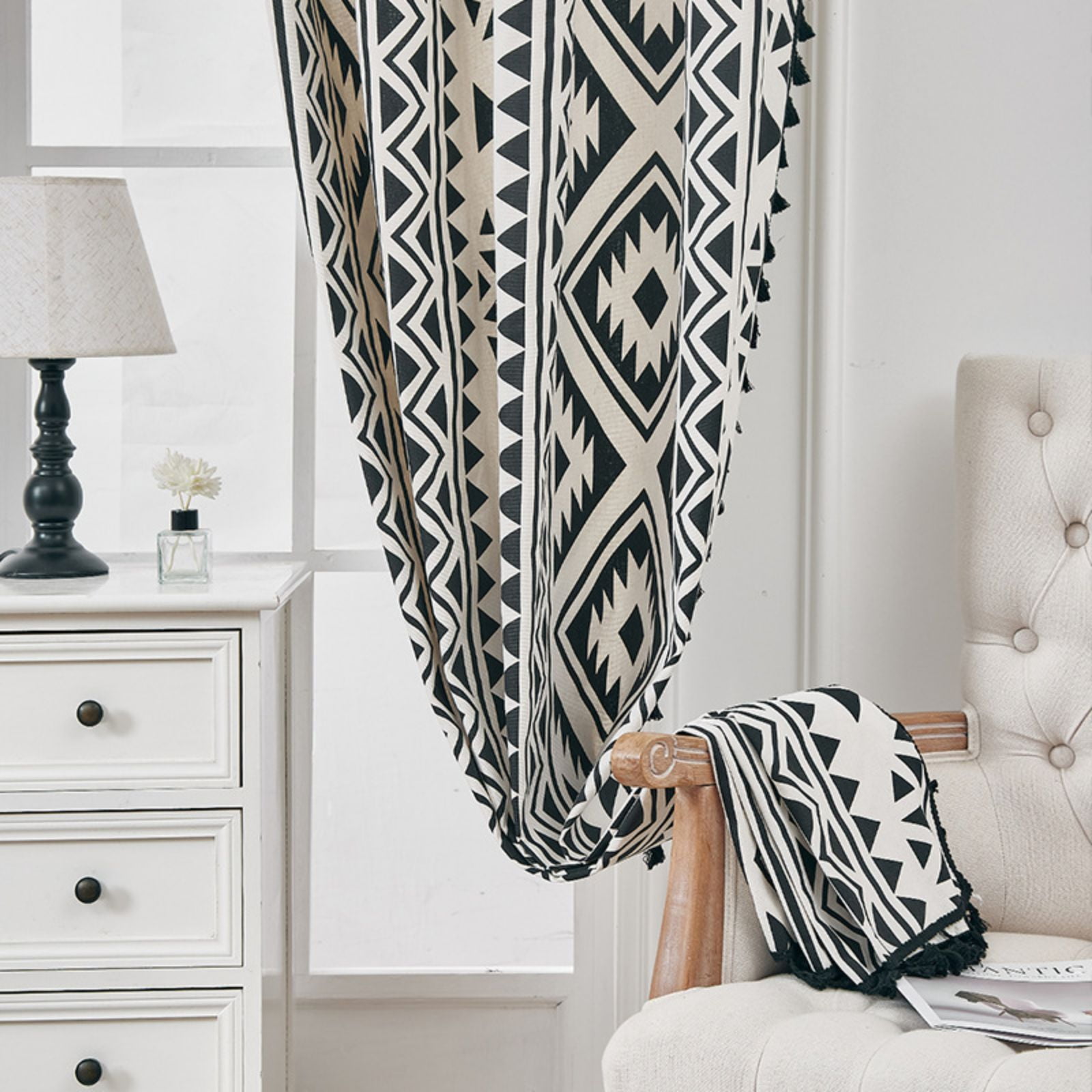 Black White Boho Farmhouse Curtains for Living Room 2 Panels, Linen Light Filtering Vintage Curtains Farmhouse Western Aztec Printed Rustic Rod Pocket Curtain Drapes with Tassels