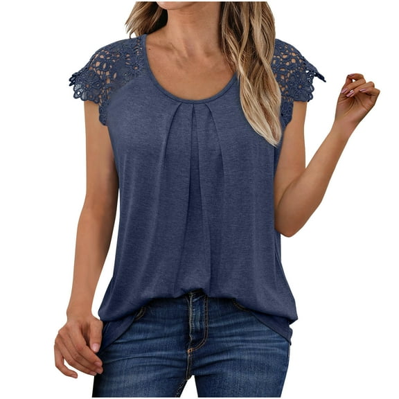 Women's Cap Sleeve Tunic Tops Lace Pleated Tees Crew Neck T-Shirts Loose Plain T Shirt Plus Size Blouses Trendy Summer 2025