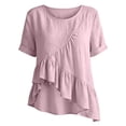 thumbnail image 4 of SZJXBUY Hauts d'Été pour Femmes en Lin, Blouse Habillée Décontractée à Manches Courtes avec Ourlet Volanté Plissé, Coupe Ample, Col Rond, T-Shirts Asymétriques Rose, m, 4 of 7
