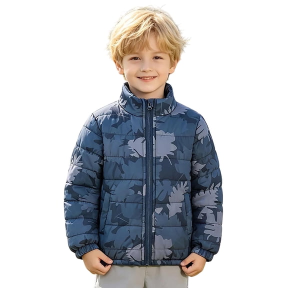 Ulitacool Coat For Boys Winter Zipper Jacket Long Sleeve Cartoon Prints Hooded Windproof Outwear Little Boys Retro Clothing Navy