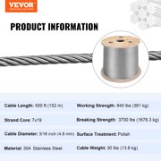 VEVOR 3/16 x 500ft Wire Rope Cable, Stainless Steel Rope, 7x19 Steel Wire Cable Rope 304 Marine Grade