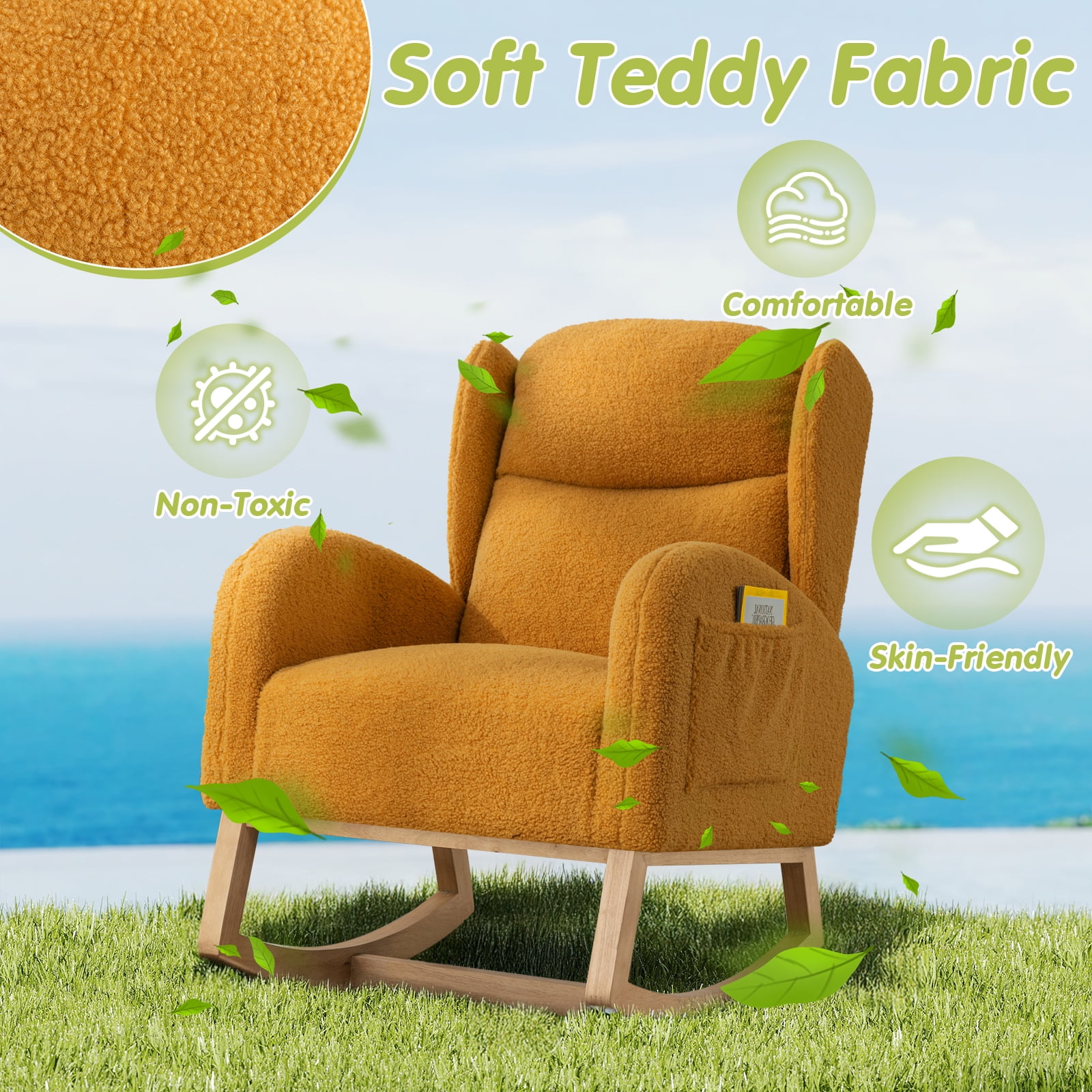 Lunale Indoor Rocking Chair, Upholstered Accent Rocker Chair with Wood Legs, Yellow Teddy