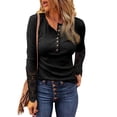 thumbnail image 2 of FOCUSNORM Women’s Juniors Solid Color Button Round Neck Stitching Long Sleeve T-shirt, 2 of 4