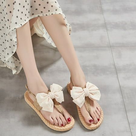 

MRULIC slippers for women Beach Weave Summer Sandals Shoes Bow Slip On Women s Flat Toe Breathable Open Slippers womens slippers house slippers for women Pink + US:8
