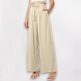thumbnail image 2 of Ladies Casual Pants High Waisted Drawstring Linen Wide Leg Beach Pants With Pockets Pure Color Women Wide Leg Pants Beige M, 2 of 4
