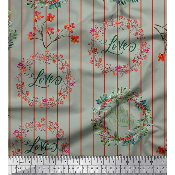 Soimoi Green Cotton Voile Fabric Wreath & Stripe Fabric Prints By Yard 42 Inch Wide