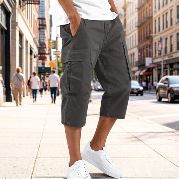 Domuza Mens Capri Long Cargo Shorts Drawstring Below Knee Shorts 3/4 Summer Casual Outdoor Hiking Shorts with Pockets Dark Gray S