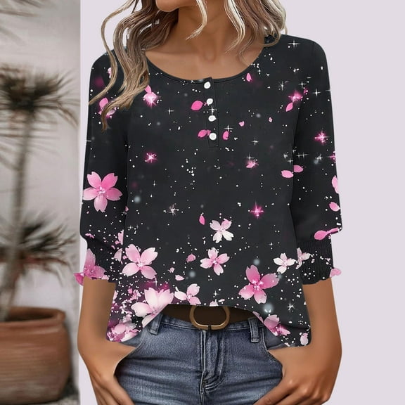 Tops for Women Plus Size 3/4 Sleeves Printed Button-up T-shirt Round Neck Top Shirt Pink XXL