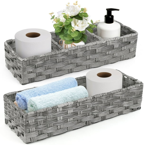 LotFancy Woven Wicker Tank Basket with Divider, 2 Pack Toilet Tray Tank Topper Baskets,Gray