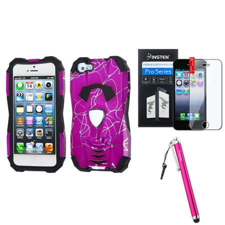 Iphone 5 Bundle Accessories Insten Curved Lines Hot Pink/Black Car Case For iPhone 5S 5 + Stylus + Screen Guard (3-in-1 Accessory Bundle) ()