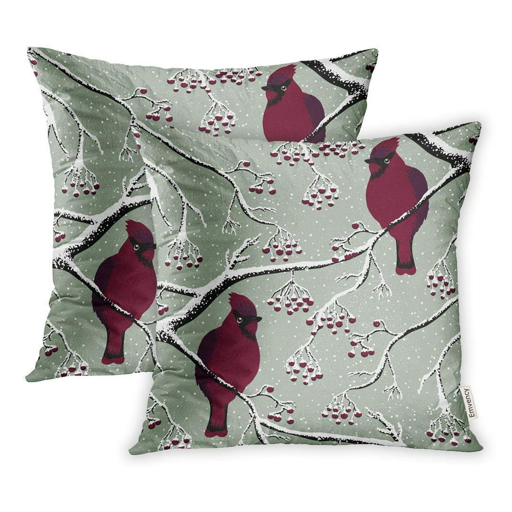 CMFUN Red Berries Winter Cardinal Bird on Tree Branch Pillow Case