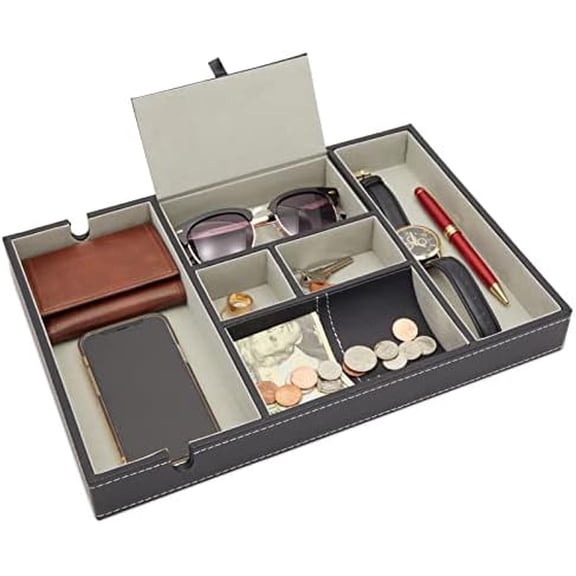 Nightstand Organizer Tray - 14 x 10 x 1.5 in, Black Faux Leather - Valet Tray for Men with 6 Compartments for Watch, Jewelry & Keys