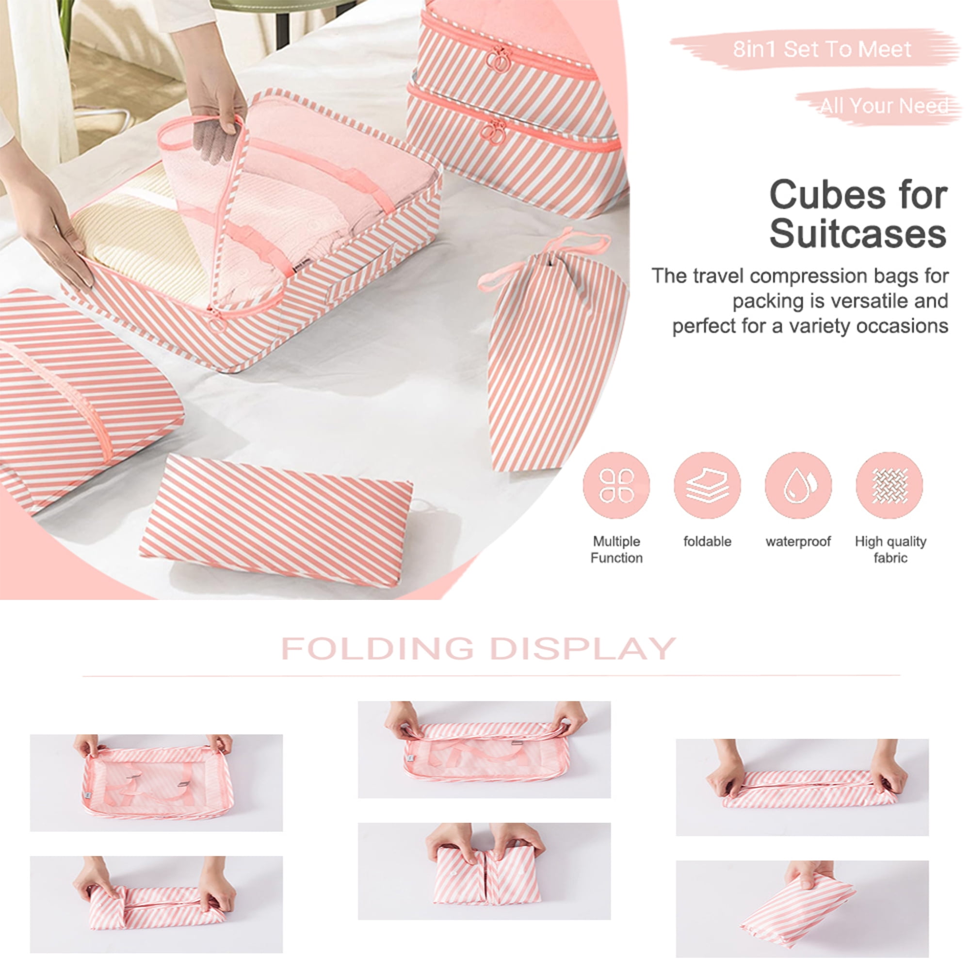 lEPECQ Packing Cubes for Travel, 8Pcs Travel Cubes Set Foldable Suitcase Organizer Lightweight Luggage Storage Bag, Pink