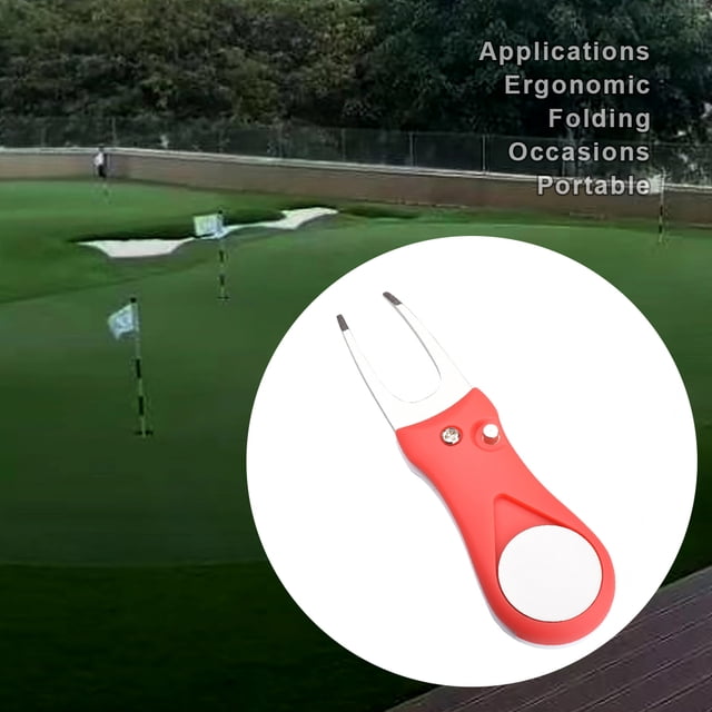 VONKY Foldable Golf Pitch Repair Fork Pitchfork Plastic Handle Stainless Head Portable Ball Putting Lawn Marker Removing Red