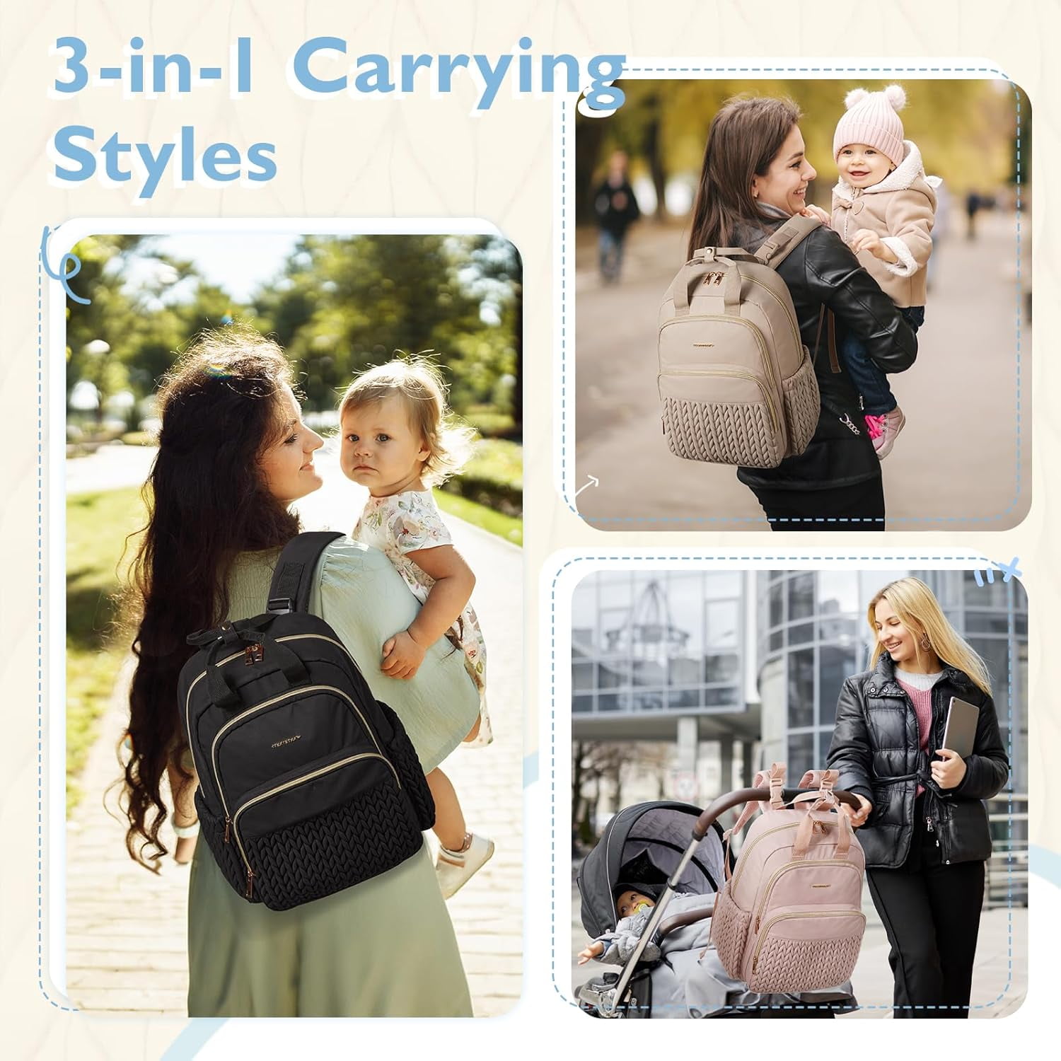 Diaper Bag Backpack Large Baby Bag for Boys Girls Quilted Travel Diaper Backpack with Changing Pad, Stroller Straps