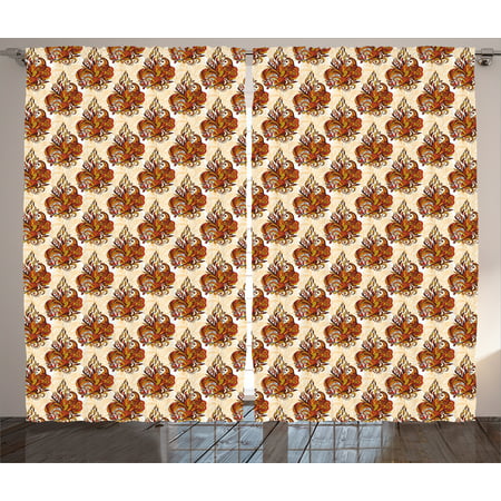 Batik Decor Curtains 2 Panels Set, Retro Cone-Shaped Mehndi Forms Ethnic Traditional Feminine Kitsch Art Print, Window Drapes for Living Room Bedroom, 108W X 84L Inches, Orange Beige, by