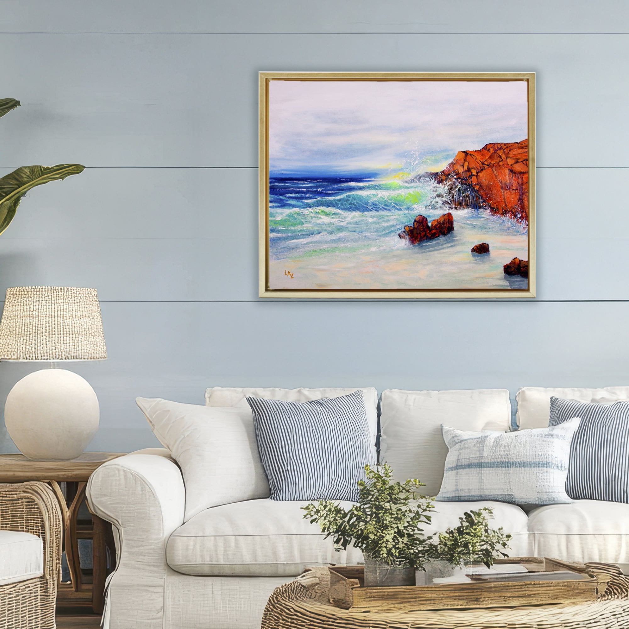 Stupell Industries Deep Blue Rocky Beach Gold Framed Floater Canvas Wall Art, design by Lee Ann Zirbes