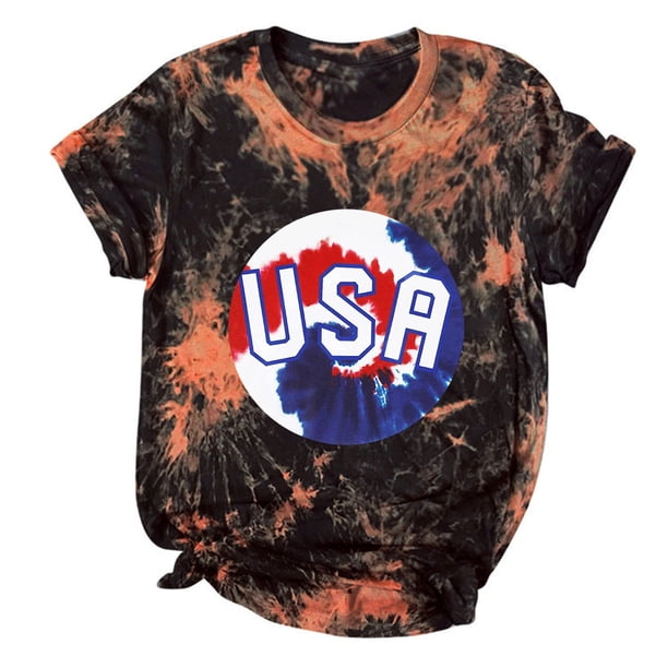 Camiseta de mujer, divertida y linda camiseta de manga corta, camiseta con estampado de bandera del Día de la independencia, camiseta teñida anudada, blusa, regalo para mujer Pompotops hkajfhjk467595