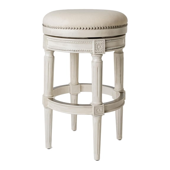 Maven Lane Pullman Backless Bar Stool 31 Inches – Swivel Stool with Footrest – White Solid Wood Frame & Natural Fabric Upholstery – Perfect for Bars, Pub Tables & Tall Kitchen Counters